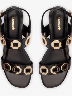Black Leather Gold-Accent Women's Sandals